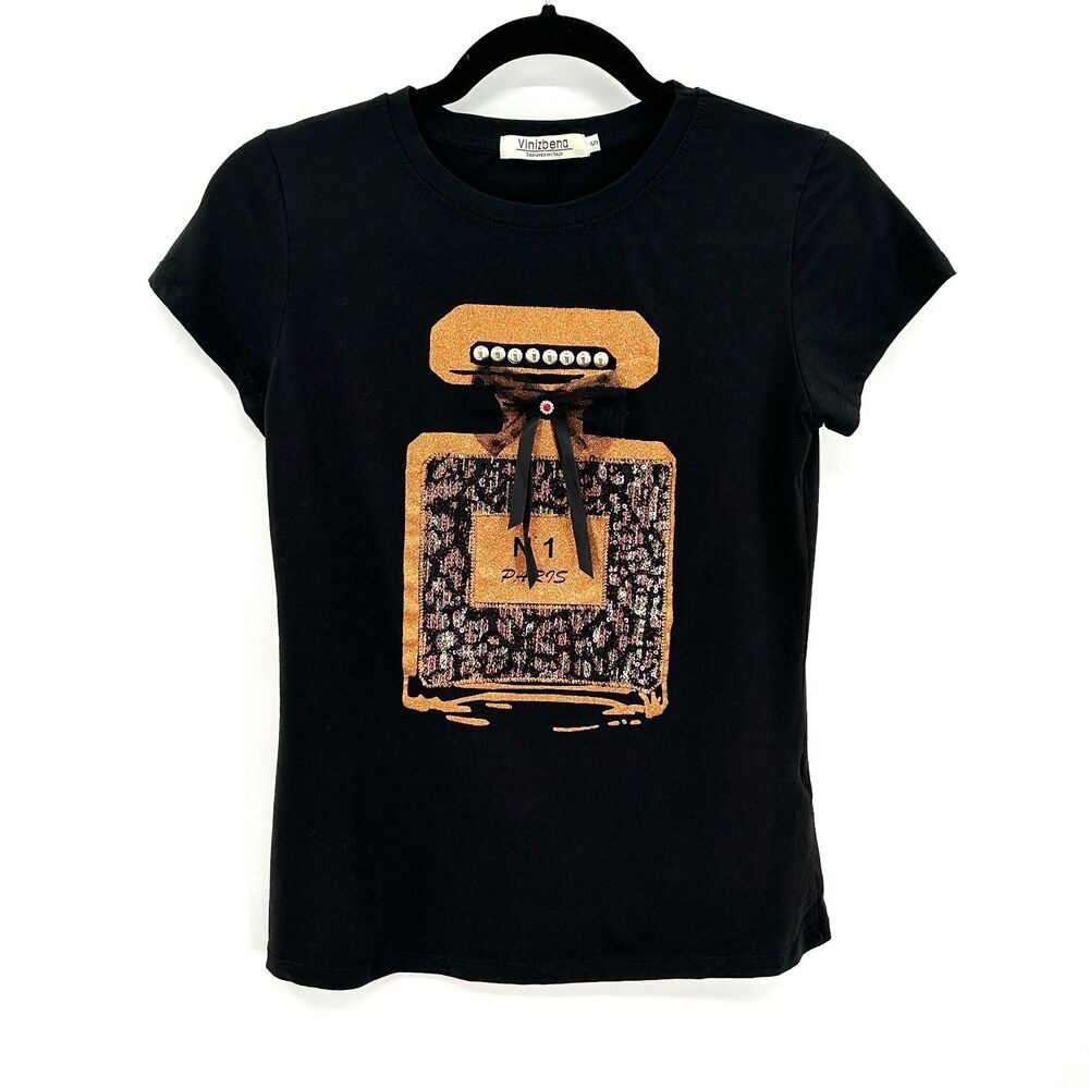 VINIZBENA Women's Black No. 1 Paris Perfume Bow Tie T-Shirt Size Small